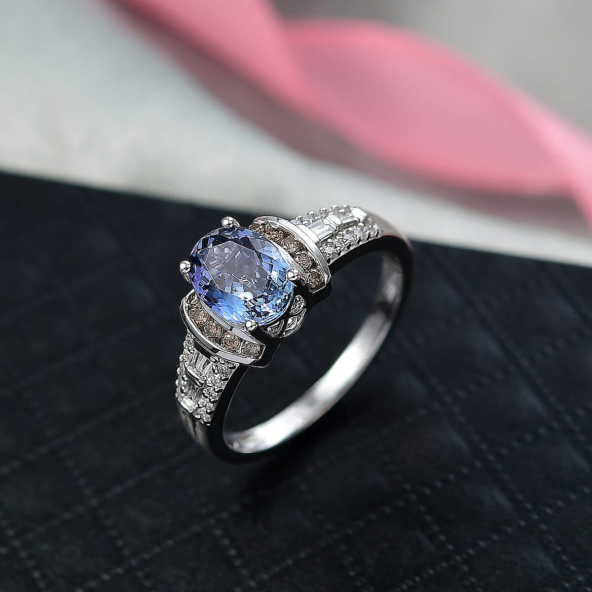 Luxoro 10K White Gold AAA Peacock Tanzanite, Natural Champagne and White Diamond (I2) (0.30 cts) Ring (Size 10.0) 2.20 ctw image number 1