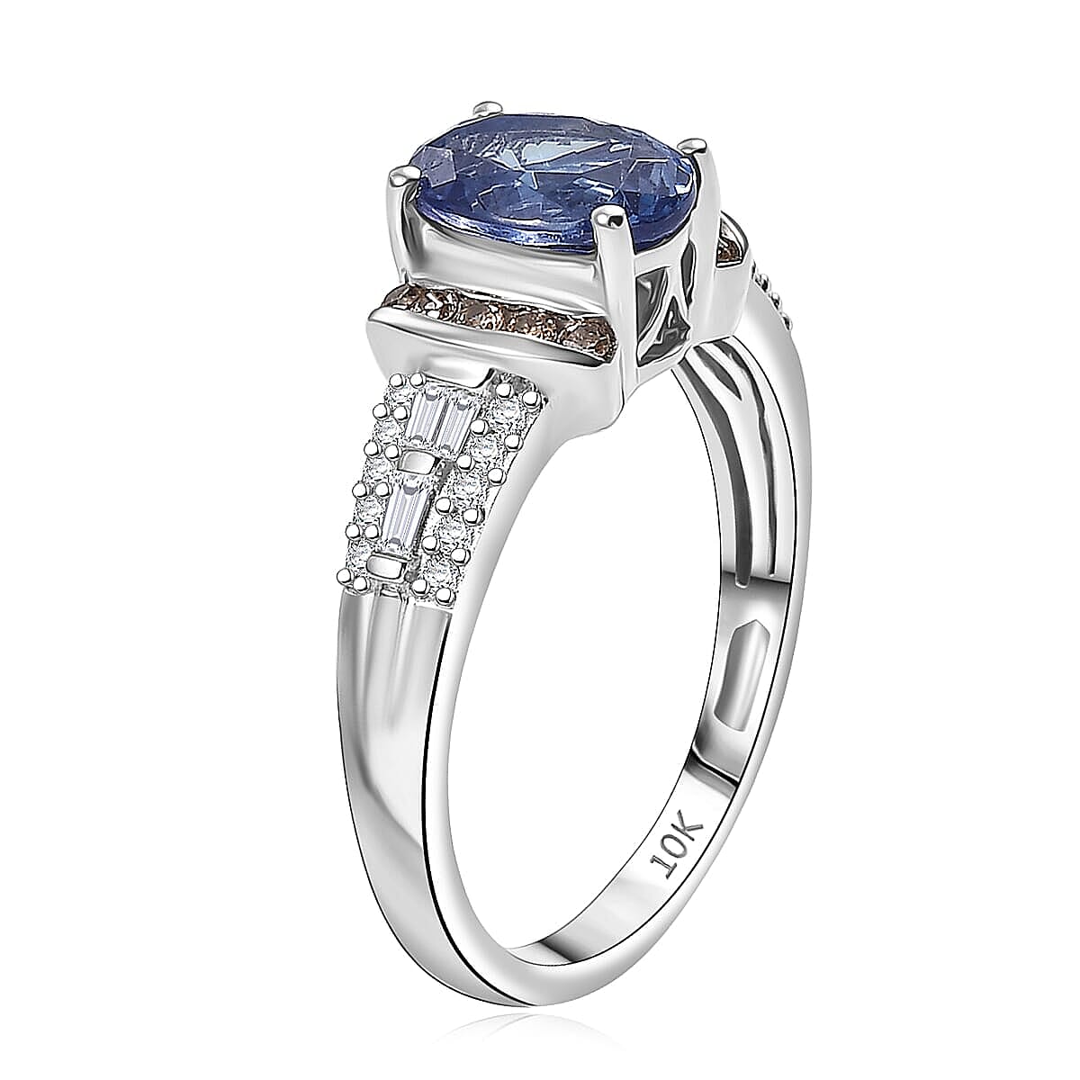 Luxoro 10K White Gold AAA Peacock Tanzanite, Natural Champagne and White Diamond (I2) (0.30 cts) Ring (Size 10.0) 2.20 ctw image number 3