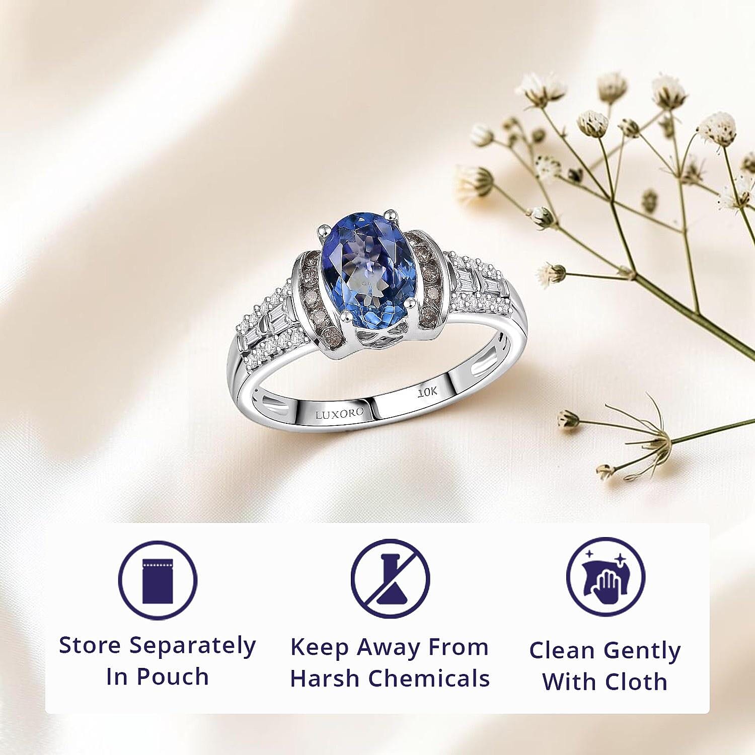 Luxoro AAA Peacock Tanzanite, Natural Champagne and White Diamond Ring in 10K White Gold 2.20 ctw (Size 10.0)