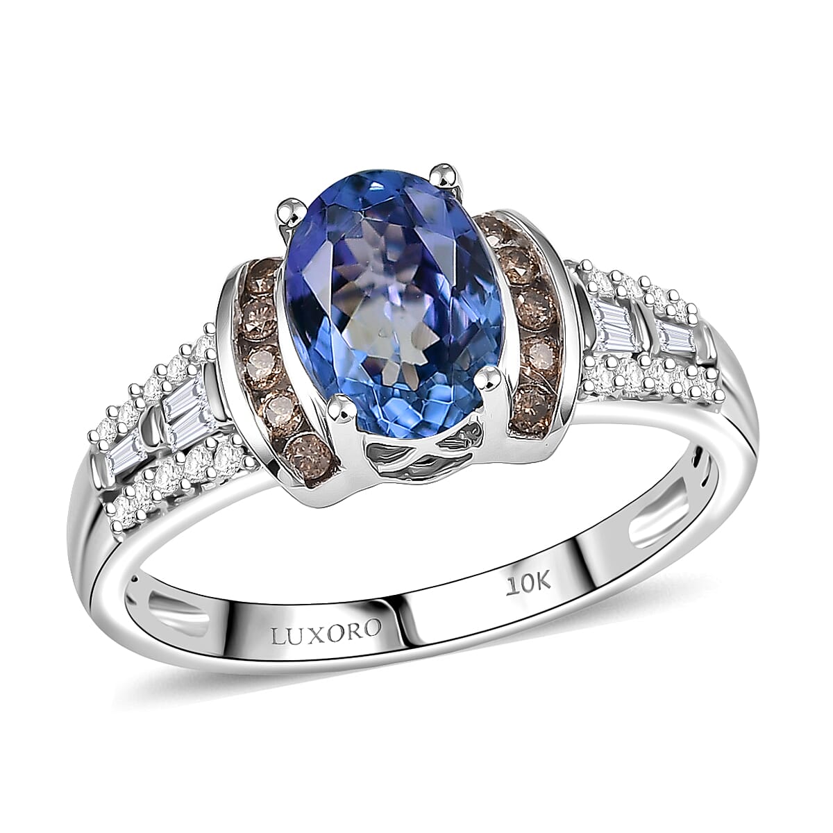 Doorbuster Luxoro AAA Peacock Tanzanite, Natural Champagne and White Diamond I2 2.20 ctw Midnight Aurora Ring in 10K White Gold (Size 7.0) image number 0