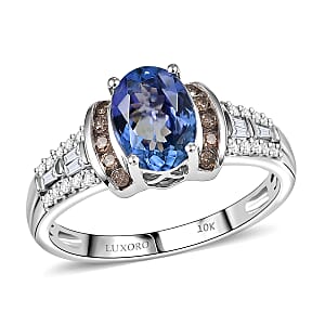 Doorbuster Luxoro AAA Peacock Tanzanite, Natural Champagne and White Diamond I2 2.20 ctw Midnight Aurora Ring in 10K White Gold (Size 9.0)