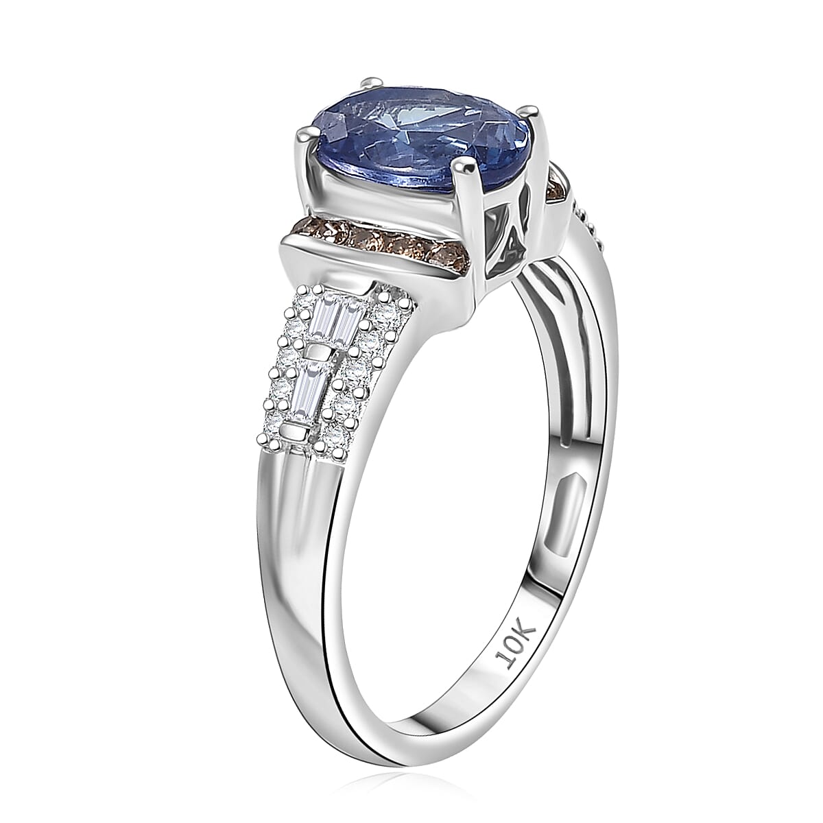 Doorbuster Luxoro AAA Peacock Tanzanite, Natural Champagne and White Diamond I2 2.20 ctw Midnight Aurora Ring in 10K White Gold (Size 9.0) image number 3