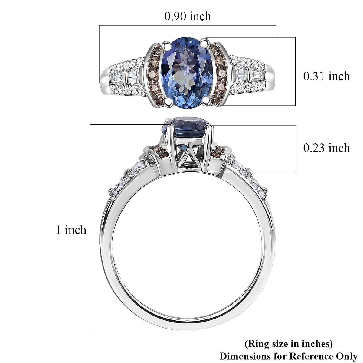 Doorbuster Luxoro AAA Peacock Tanzanite, Natural Champagne and White Diamond I2 2.20 ctw Midnight Aurora Ring in 10K White Gold (Size 9.0) image number 5