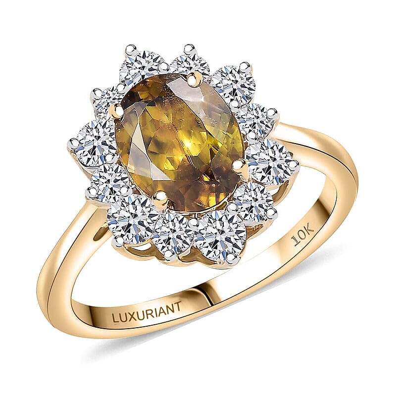 Certified & Appraised AAA Sava Sphene and Luxuriant Lab Grown Diamond G-H SI 2.96 ctw Ring in 10K Yellow Gold (Size 12.0)