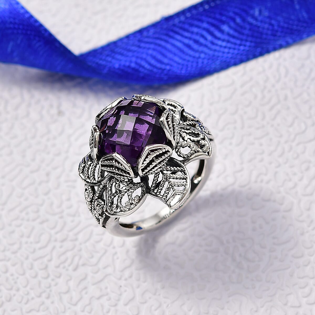 D'Joy Indian Artisan Crafted African Amethyst Ring in Black Oxidised Sterling Silver 5.60 ctw (Size 10.0) image number 1