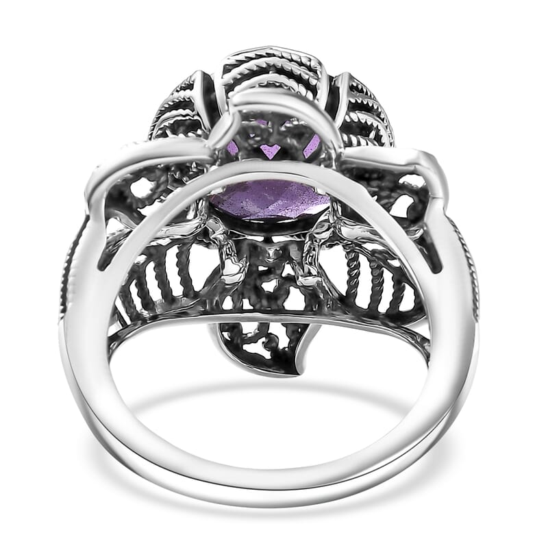 D'Joy Indian Artisan Crafted African Amethyst Ring in Black Oxidised Sterling Silver 5.60 ctw (Size 6.0)