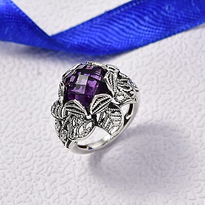 D'Joy Indian Artisan Crafted African Amethyst Ring in Black Oxidised Sterling Silver 5.60 ctw (Size 7.0)