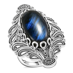 Doorbuster D'Joy Indian Artisan Crafted AAA Malagasy Labradorite 15.70 ctw Ring in Black Oxidised Sterling Silver (Size 7.0)