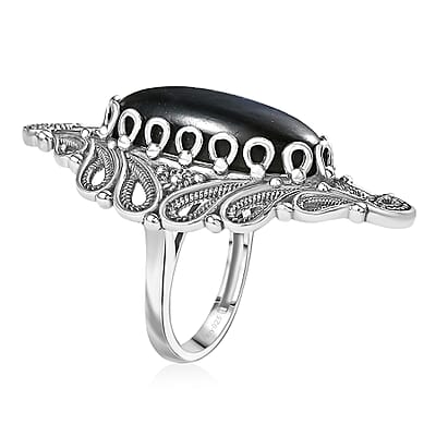 D'Joy Indian Artisan Crafted AAA Malagasy Labradorite Ring in Black Oxidised Sterling Silver 15.70 ctw (Size 8.0)