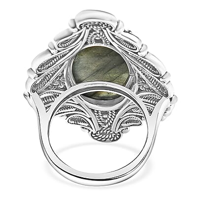 D'Joy Indian Artisan Crafted AAA Malagasy Labradorite Ring in Black Oxidised Sterling Silver 15.70 ctw (Size 8.0)