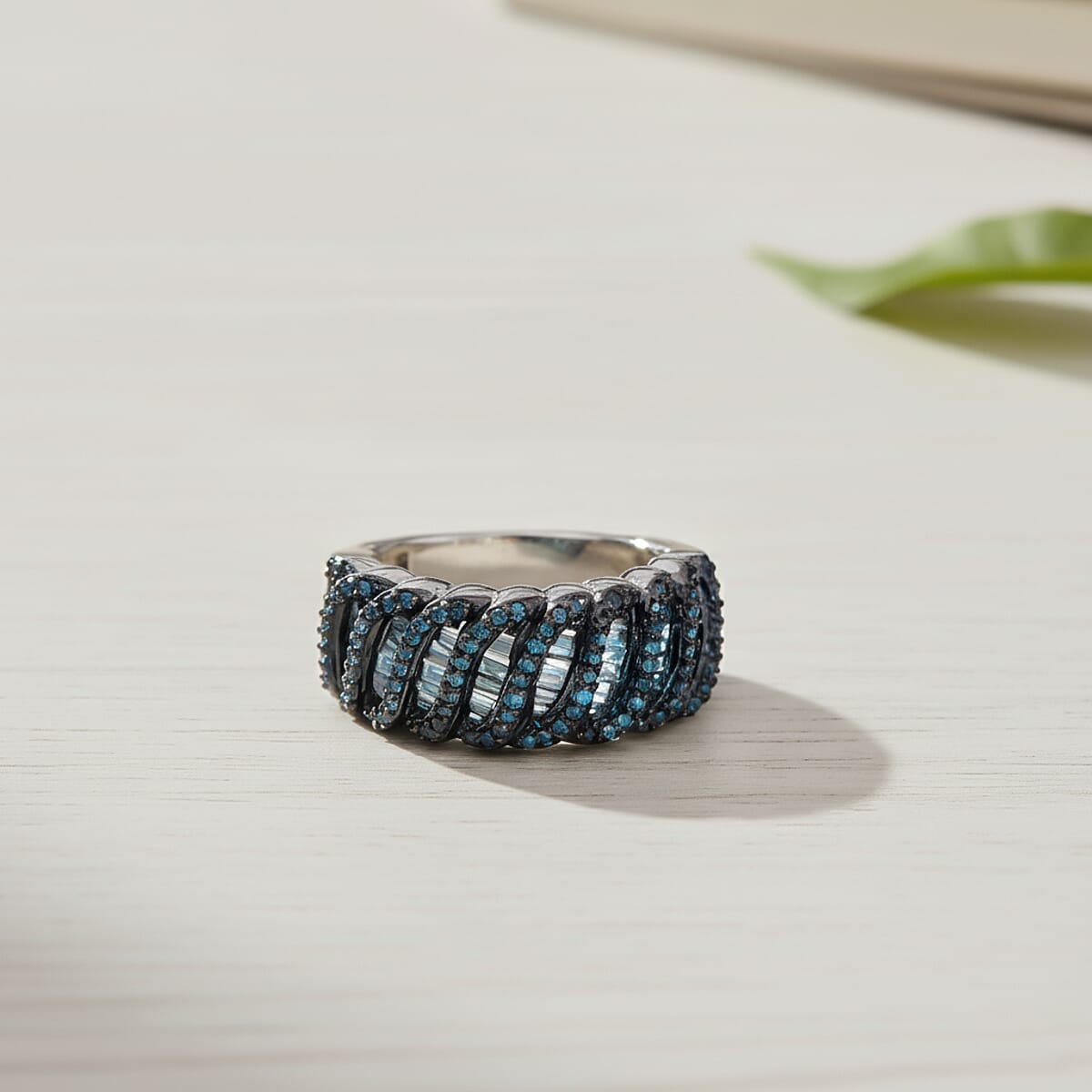 D'Joy Blue Diamond 1.00 ctw Wave Ring in Rhodium Over Sterling Silver (Size 7.0) image number 1