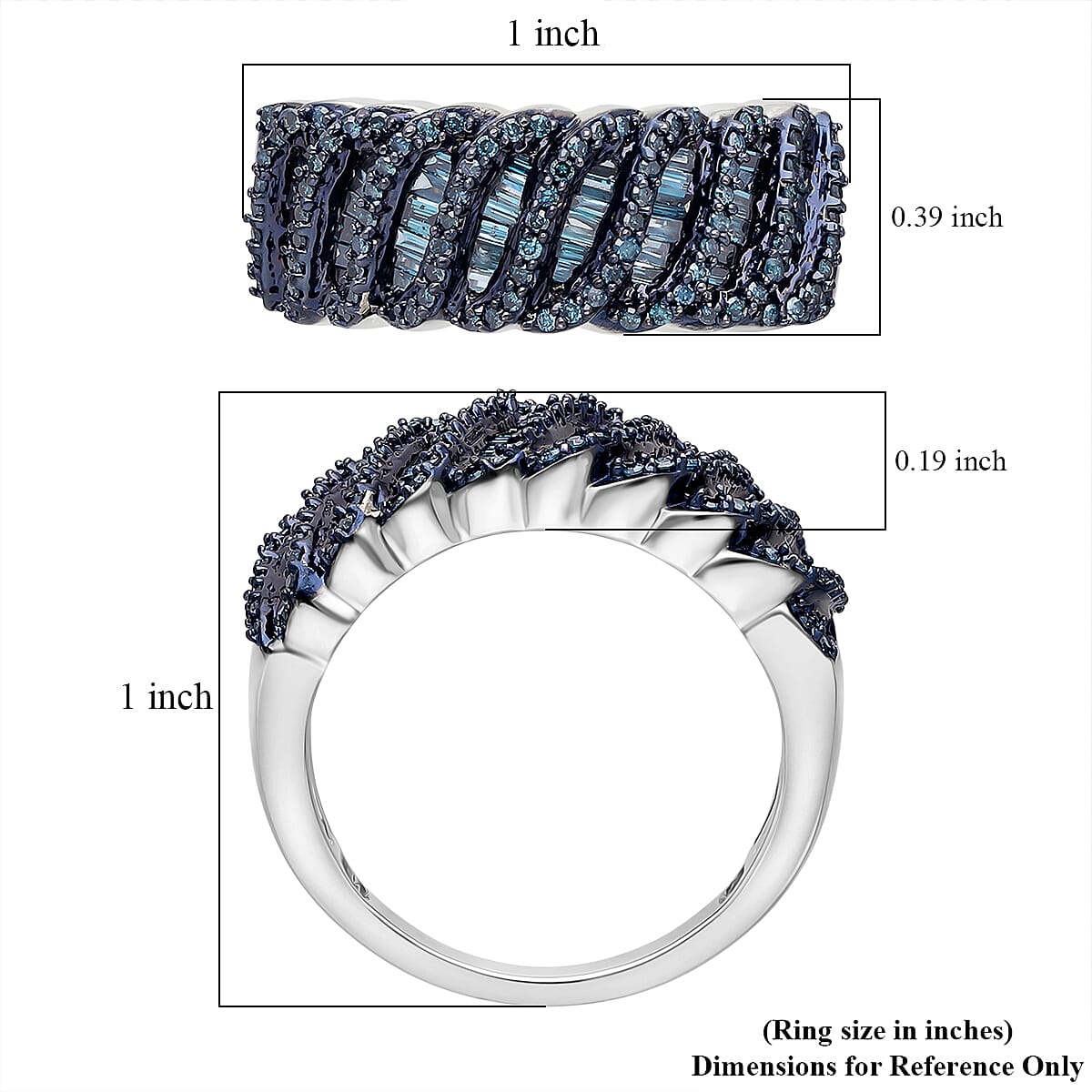 D'Joy Blue Diamond 1.00 ctw Wave Ring in Rhodium Over Sterling Silver (Size 8.0) image number 4