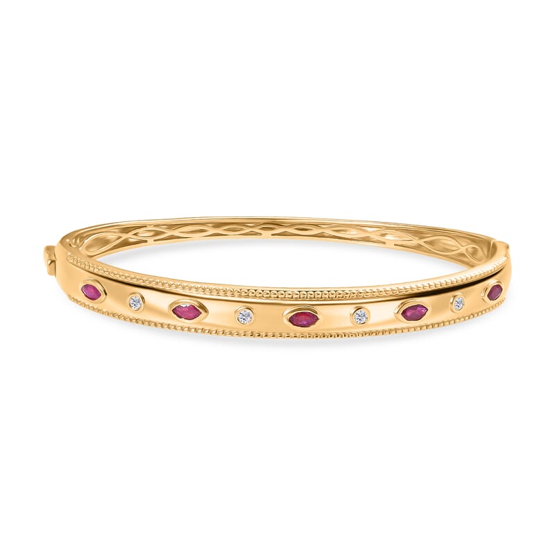 EverTrue African Ruby (FF) and White Zircon 1.30 ctw Bangle Bracelet in 18K YG Plated (7.50 In)