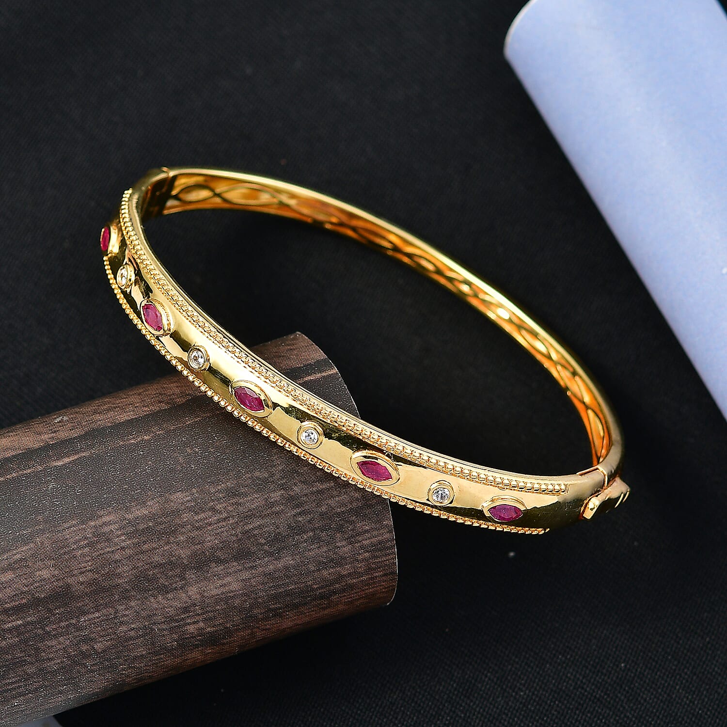 EverTrue African Ruby (FF) and White Zircon 1.30 ctw Bangle Bracelet in 18K YG Plated (7.50 In)