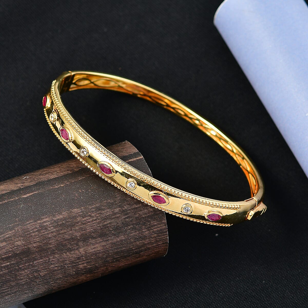 EverTrue African Ruby (FF) and White Zircon 1.30 ctw Bangle Bracelet in 18K YG Plated (7.50 In) image number 2