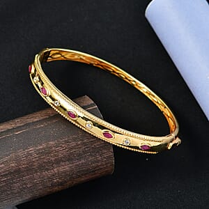 EverTrue African Ruby (FF) and White Zircon 1.30 ctw Bangle Bracelet in 18K YG Plated (7.50 In)