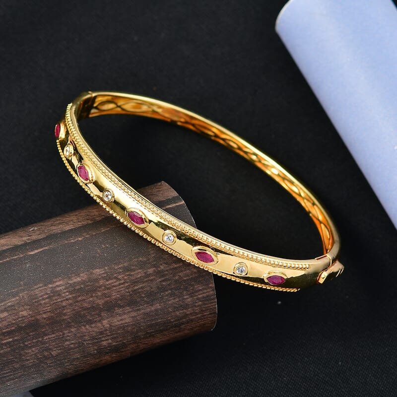 EverTrue African Ruby (FF) and White Zircon 1.30 ctw Bangle Bracelet in 18K YG Plated (7.50 In)