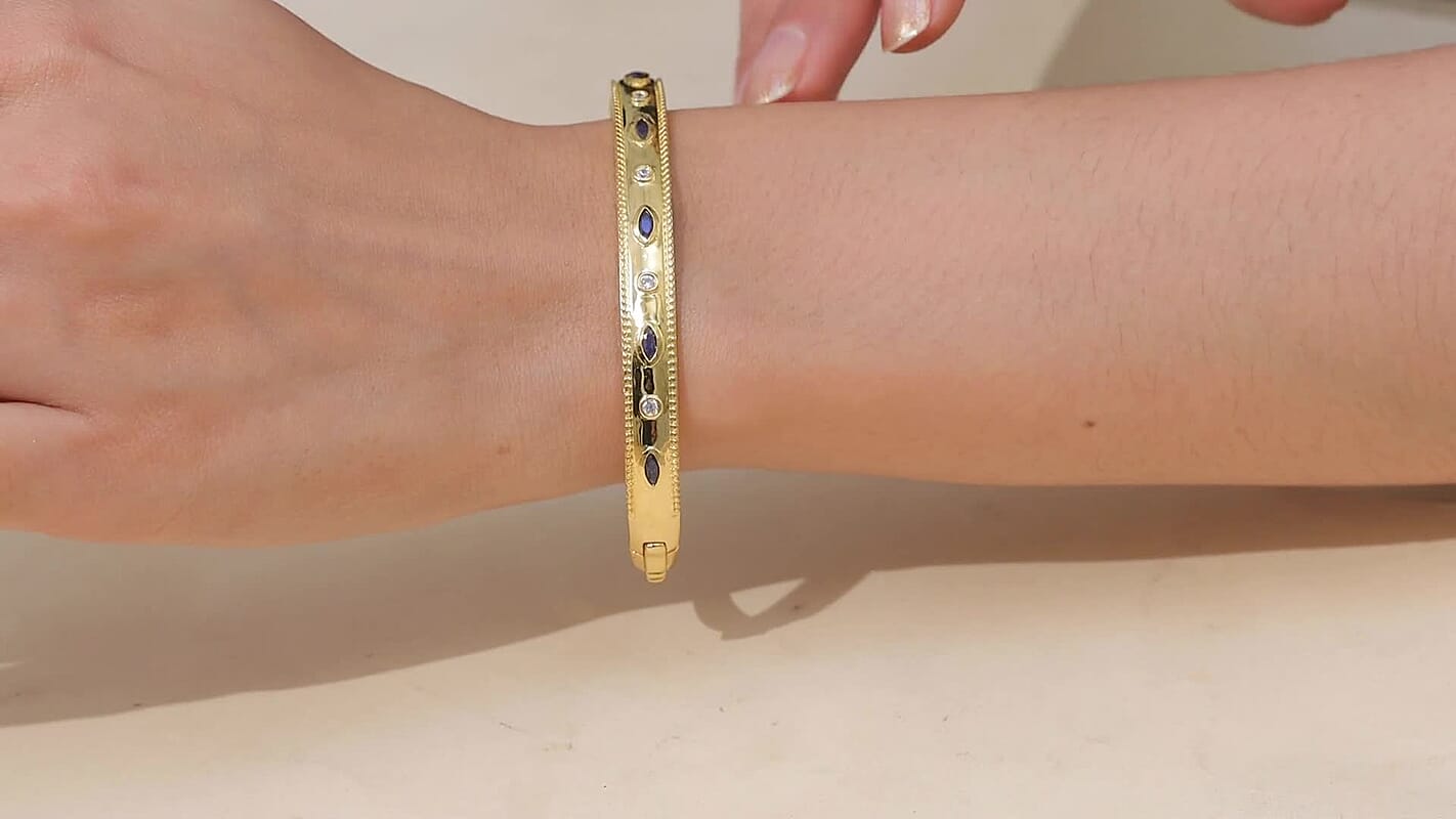 EverTrue Masoala Sapphire (D), White Zircon Bangle Bracelet in 18K YG Plated 1.20 ctw
