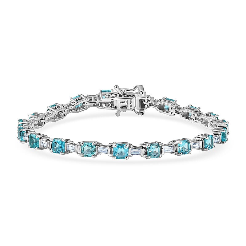 D'Joy Asscher Cut Apatite and Moissanite 7.90 ctw Linear Architecture Bracelet in Rhodium Over Sterling Silver (6.50 In)