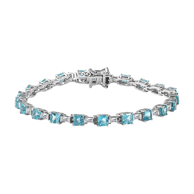 D'Joy Asscher Cut Apatite and Moissanite 7.90 ctw Linear Architecture Bracelet in Rhodium Over Sterling Silver (7.25 In)