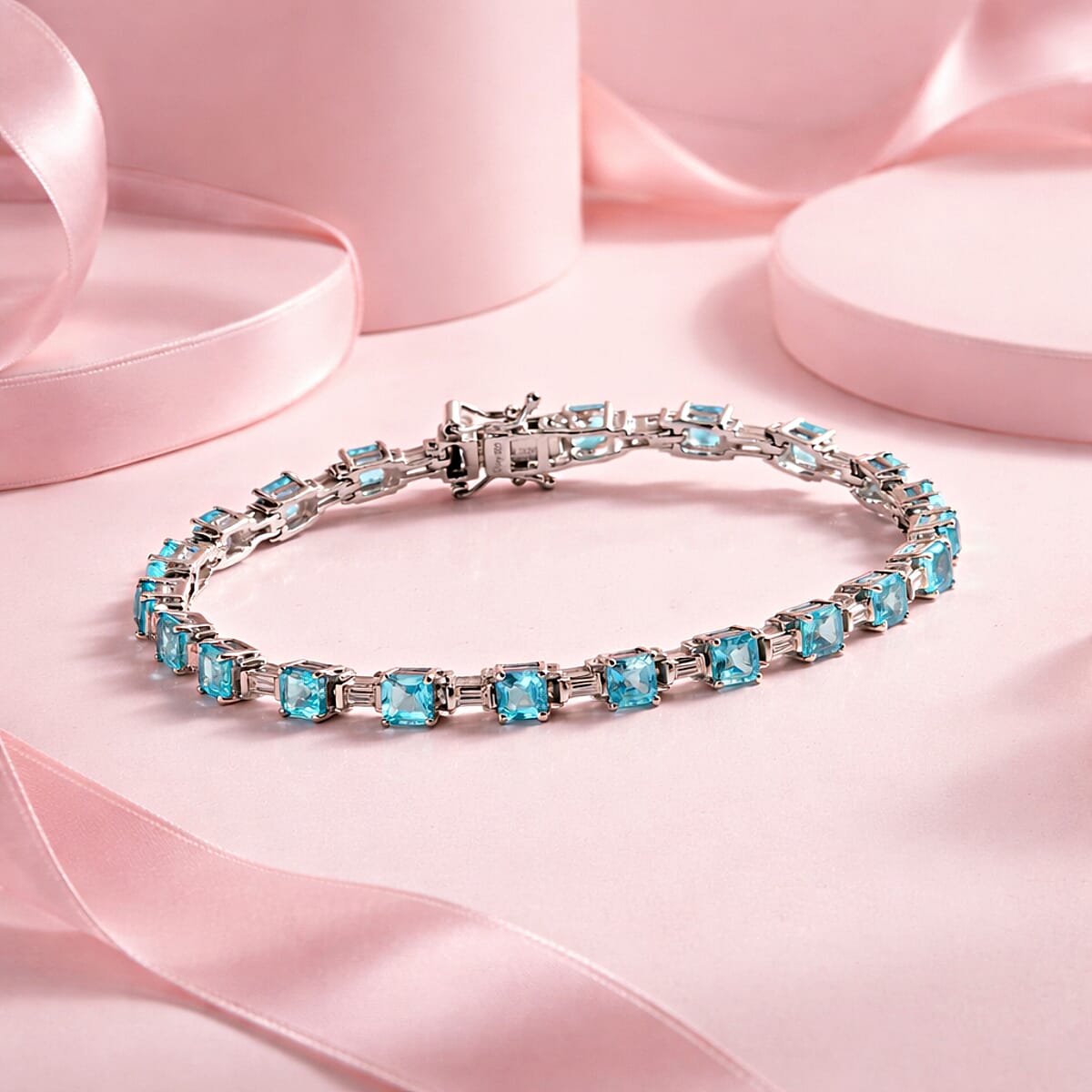 D'Joy Asscher Cut Apatite and Moissanite 7.90 ctw Linear Architecture Bracelet in Rhodium Over Sterling Silver (7.25 In) image number 1