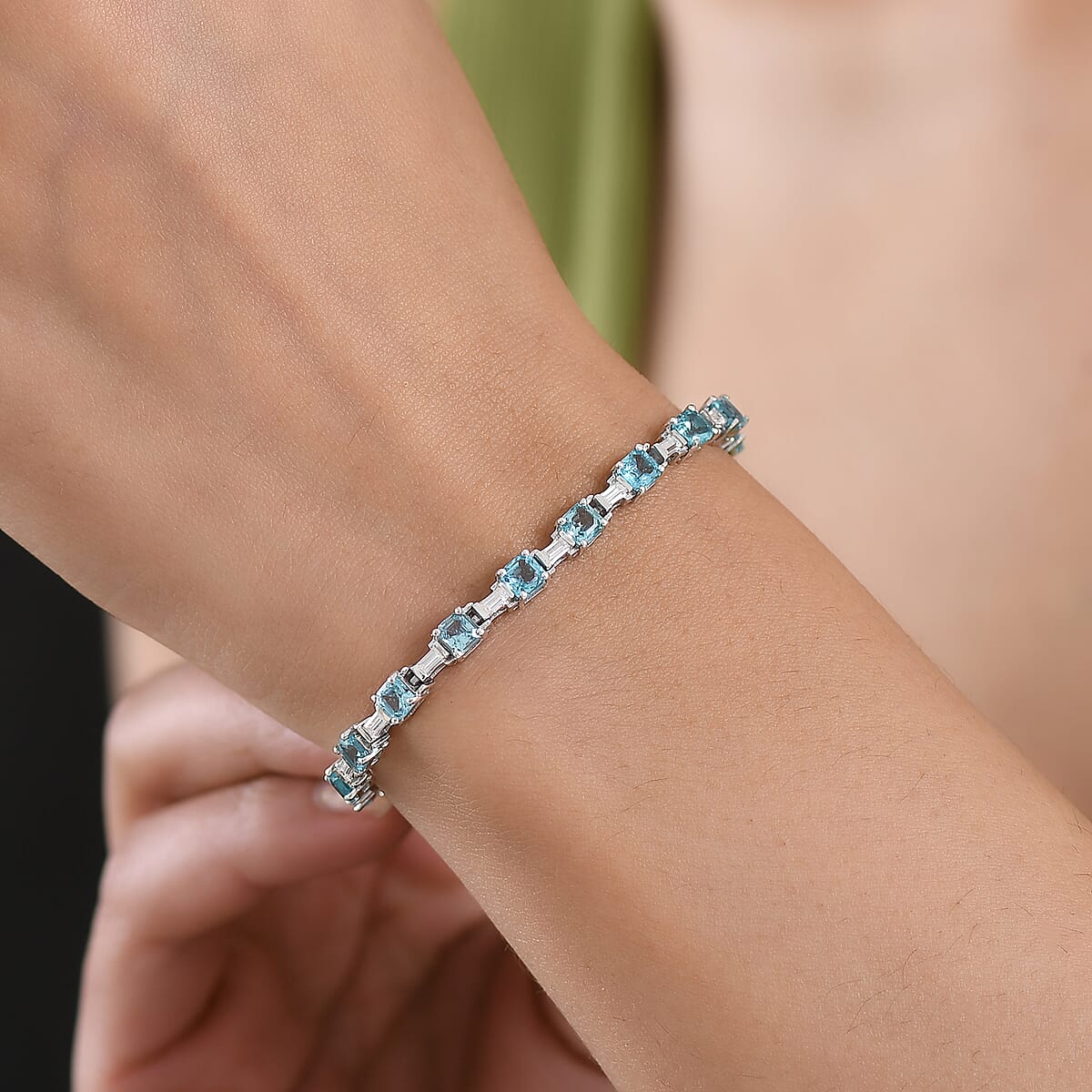 D'Joy Asscher Cut Apatite and Moissanite 9.10 ctw Linear Architecture Bracelet in Rhodium Over Sterling Silver (8.00 In) image number 2