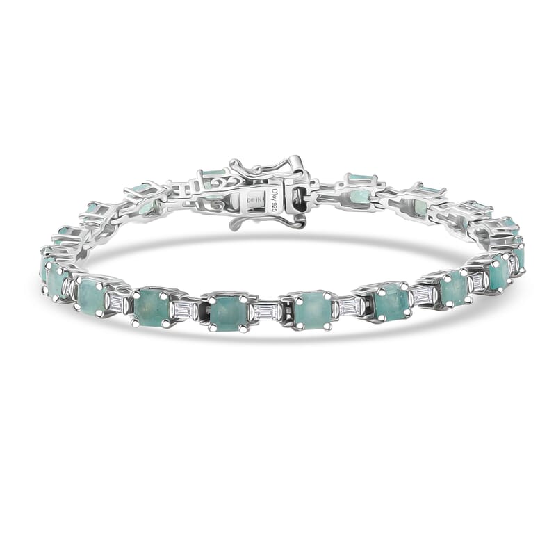 D'Joy Asscher Cut Grandidierite and Moissanite 8.00 ctw Linear Architecture Bracelet in Rhodium Over Sterling Silver (6.50 In)
