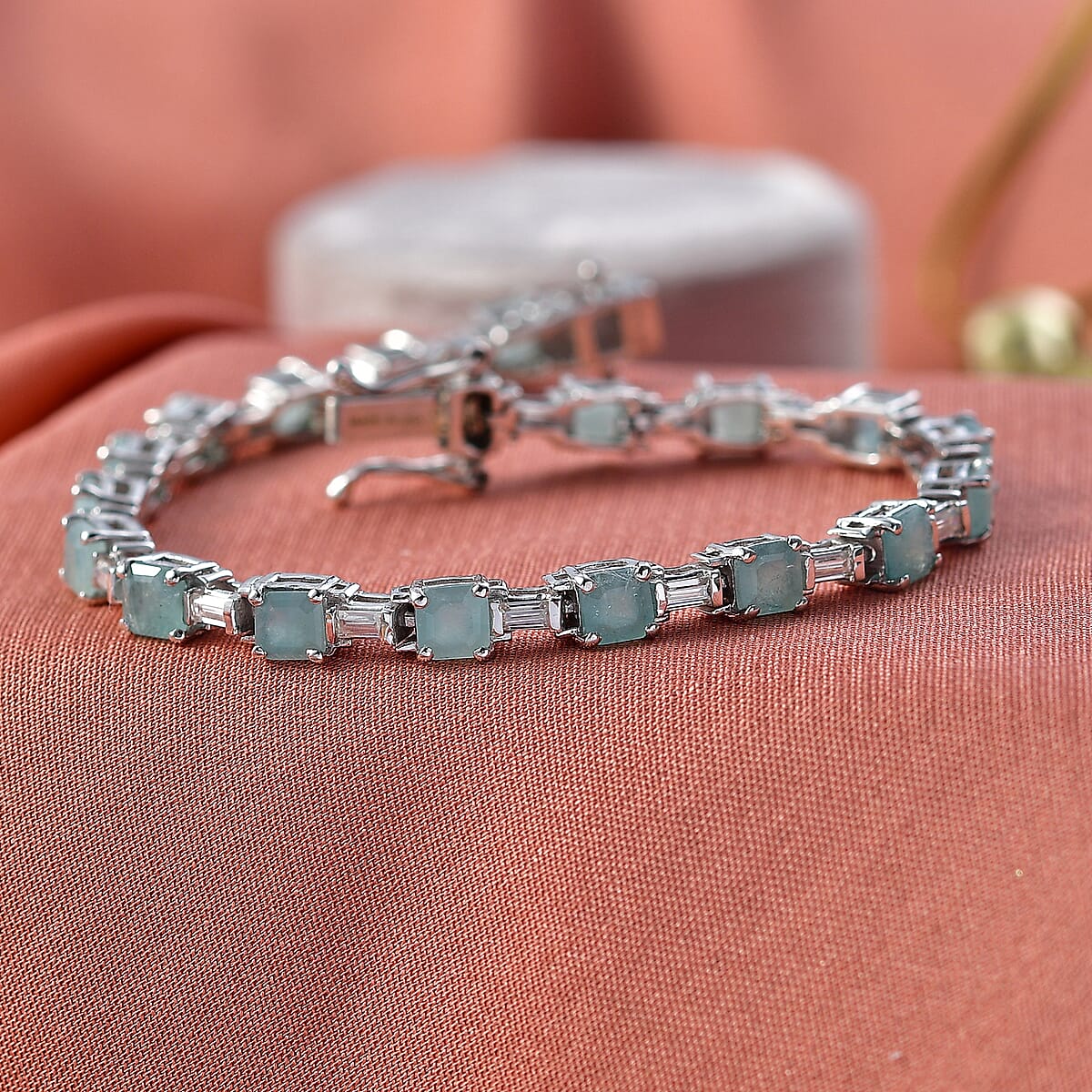 D'Joy Asscher Cut Grandidierite and Moissanite 8.00 ctw Linear Architecture Bracelet in Rhodium Over Sterling Silver (6.50 In) image number 1