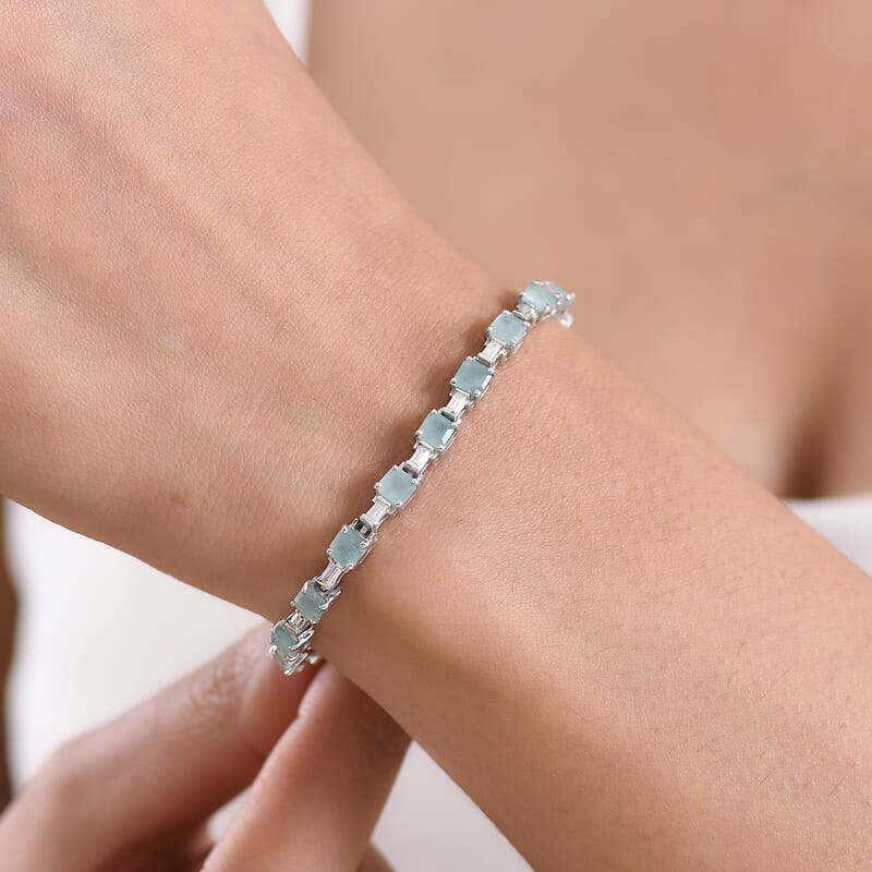 D'Joy Asscher Cut Grandidierite and Moissanite 8.00 ctw Linear Architecture Bracelet in Rhodium Over Sterling Silver (6.50 In)