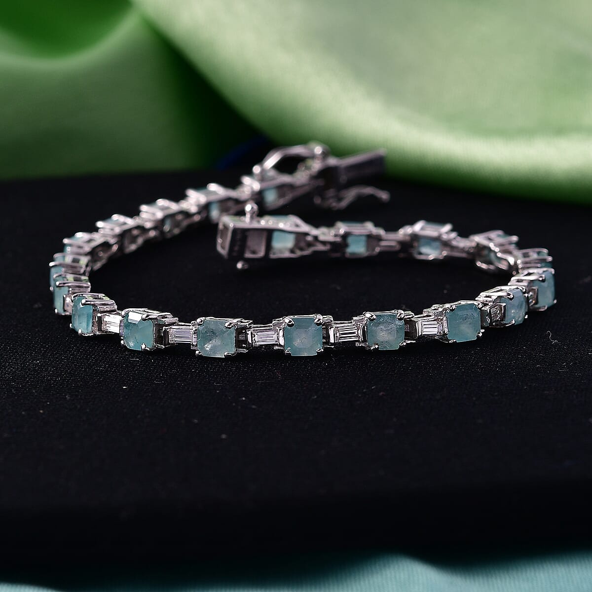 D'Joy Asscher Cut Grandidierite and Moissanite 8.00 ctw Linear Architecture Bracelet in Rhodium Over Sterling Silver (7.25 In) image number 1