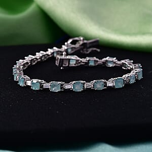 D'Joy Asscher Cut Grandidierite and Moissanite 8.00 ctw Linear Architecture Bracelet in Rhodium Over Sterling Silver (7.25 In)