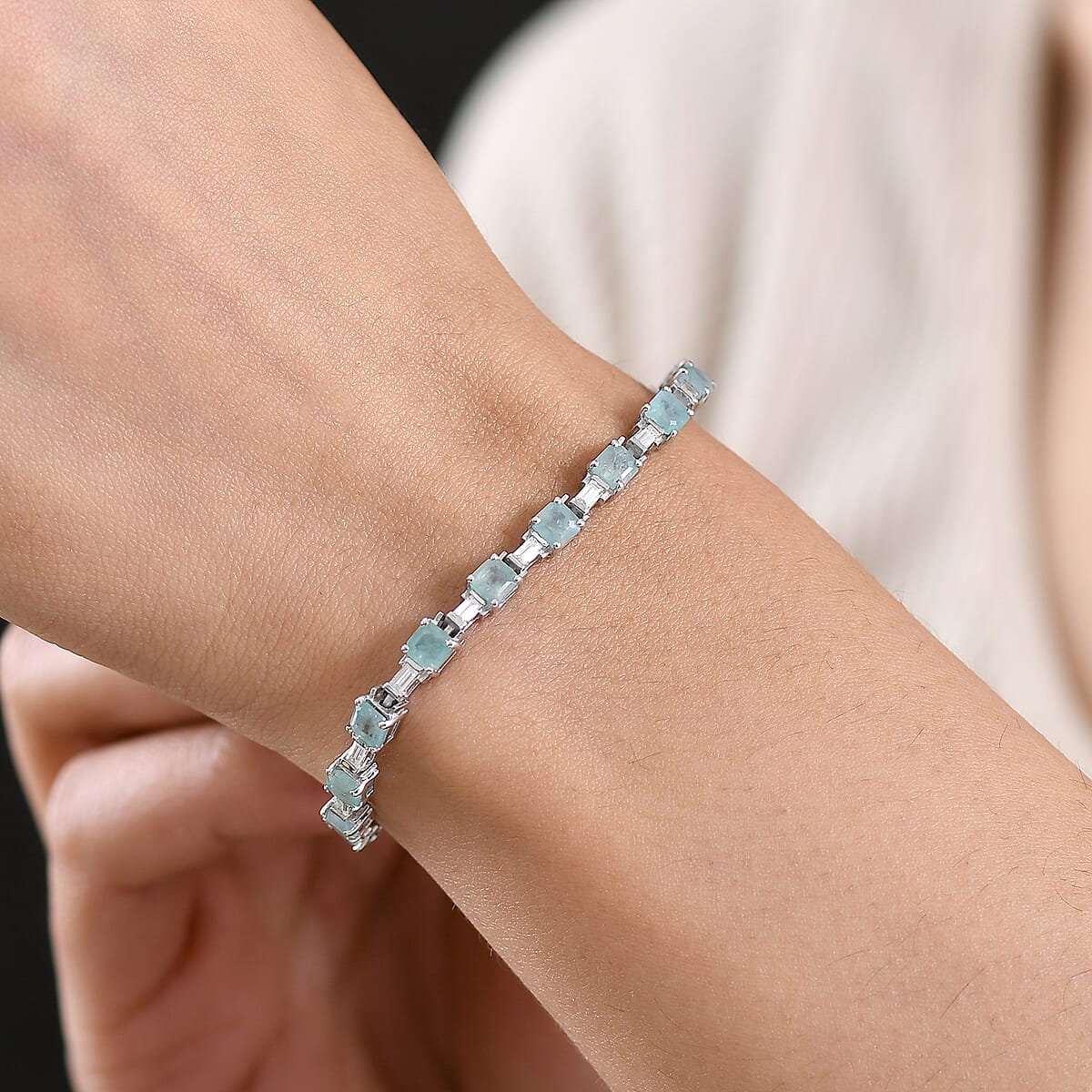 D'Joy Asscher Cut Grandidierite and Moissanite 8.00 ctw Linear Architecture Bracelet in Rhodium Over Sterling Silver (7.25 In) image number 2