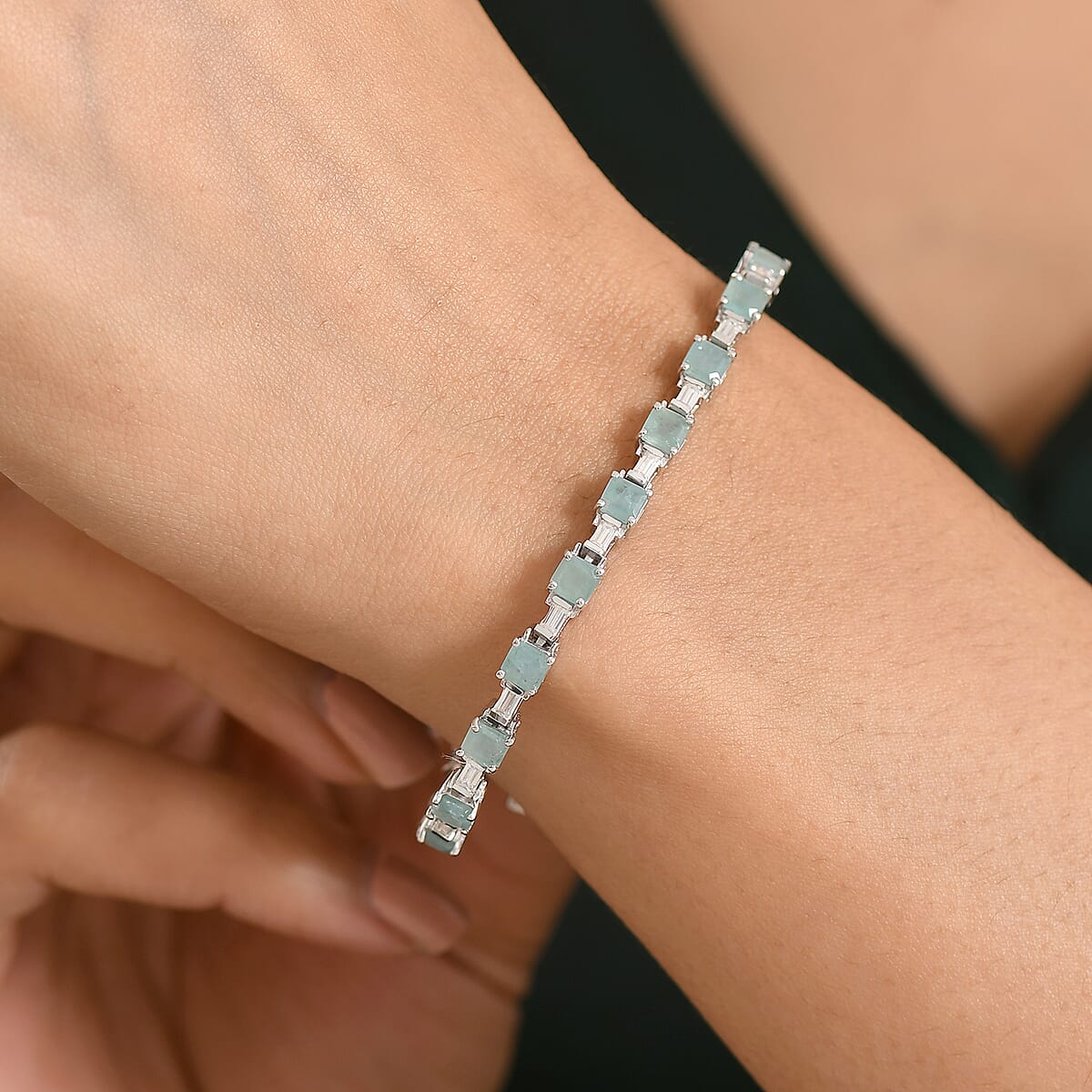 D'Joy Asscher Cut Grandidierite and Moissanite 9.15 ctw Linear Architecture Bracelet in Rhodium Over Sterling Silver (8.00 In) image number 2