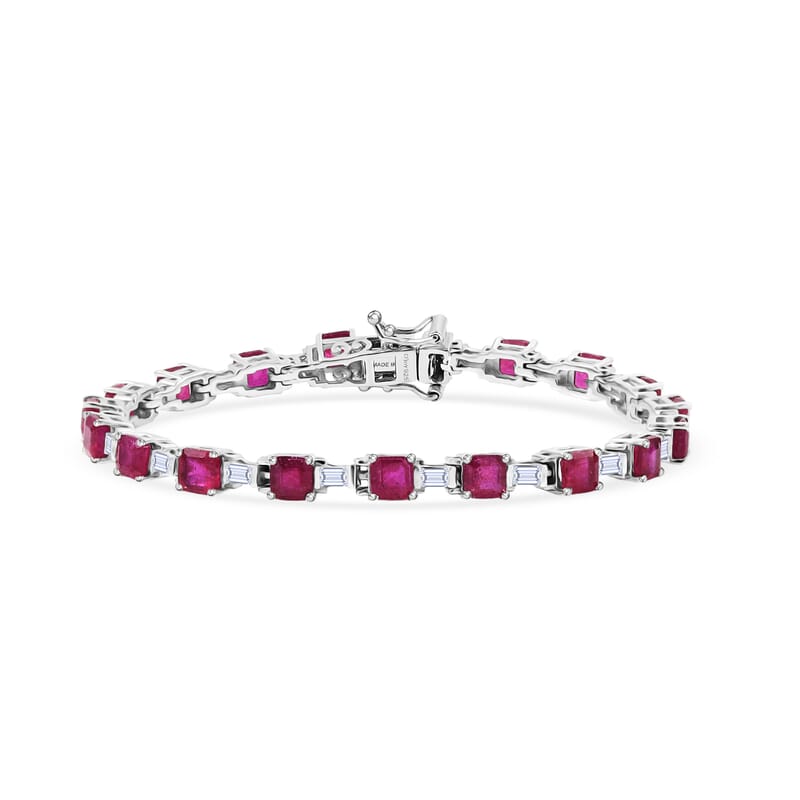 D'Joy Asscher Cut Niassa Ruby (FF) and Moissanite 12.10 ctw Linear Architecture Bracelet in Rhodium Over Sterling Silver (6.50 In)