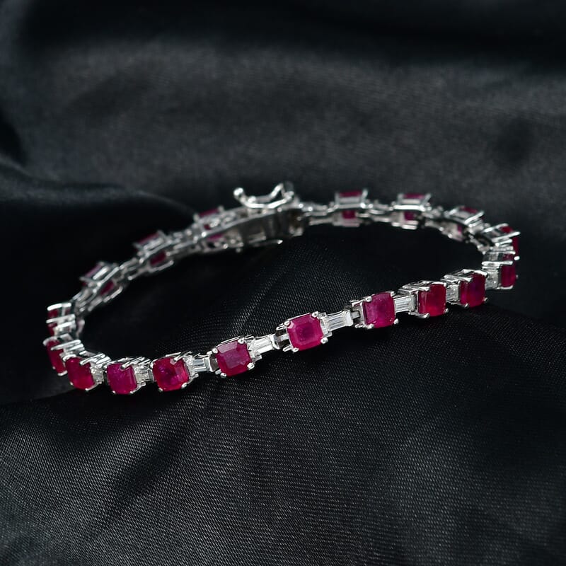 D'Joy Asscher Cut Niassa Ruby (FF) and Moissanite 12.10 ctw Linear Architecture Bracelet in Rhodium Over Sterling Silver (6.50 In)