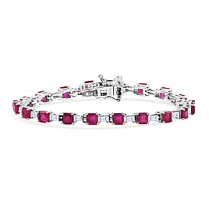 D'Joy Asscher Cut Niassa Ruby (FF) and Moissanite 12.65 ctw Linear Architecture Bracelet in Rhodium Over Sterling Silver (7.25 In)