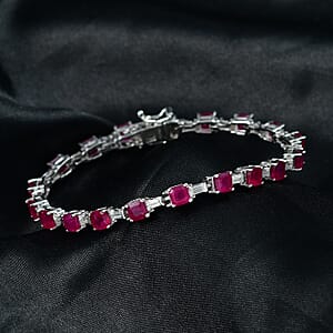 D'Joy Asscher Cut Niassa Ruby (FF) and Moissanite 12.65 ctw Linear Architecture Bracelet in Rhodium Over Sterling Silver (7.25 In)