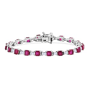 D'Joy Asscher Cut Niassa Ruby (FF) and Moissanite 13.85 ctw Linear Architecture Bracelet in Rhodium Over Sterling Silver (8.00 In)