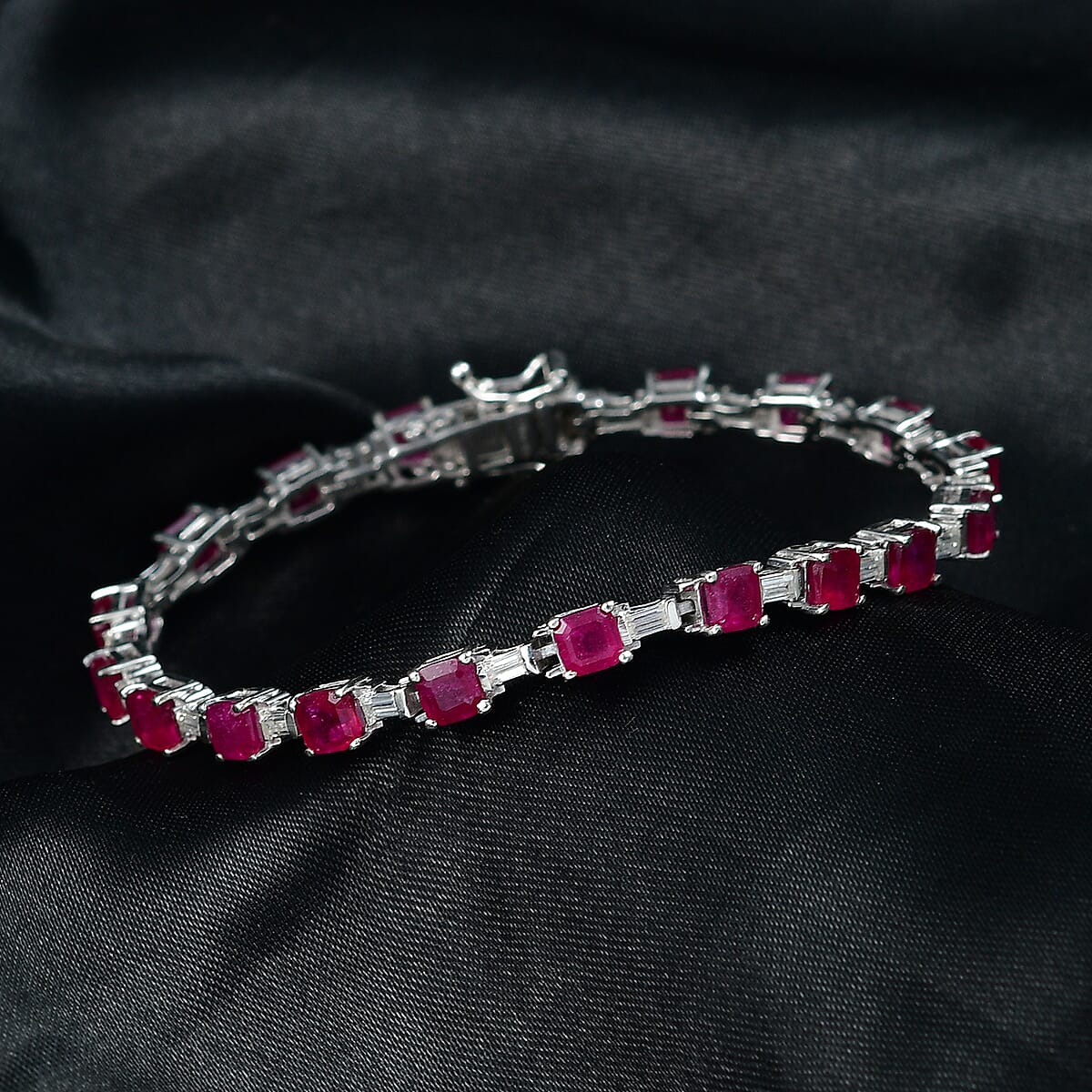 D'Joy Asscher Cut Niassa Ruby (FF) and Moissanite 13.85 ctw Linear Architecture Bracelet in Rhodium Over Sterling Silver (8.00 In) image number 1