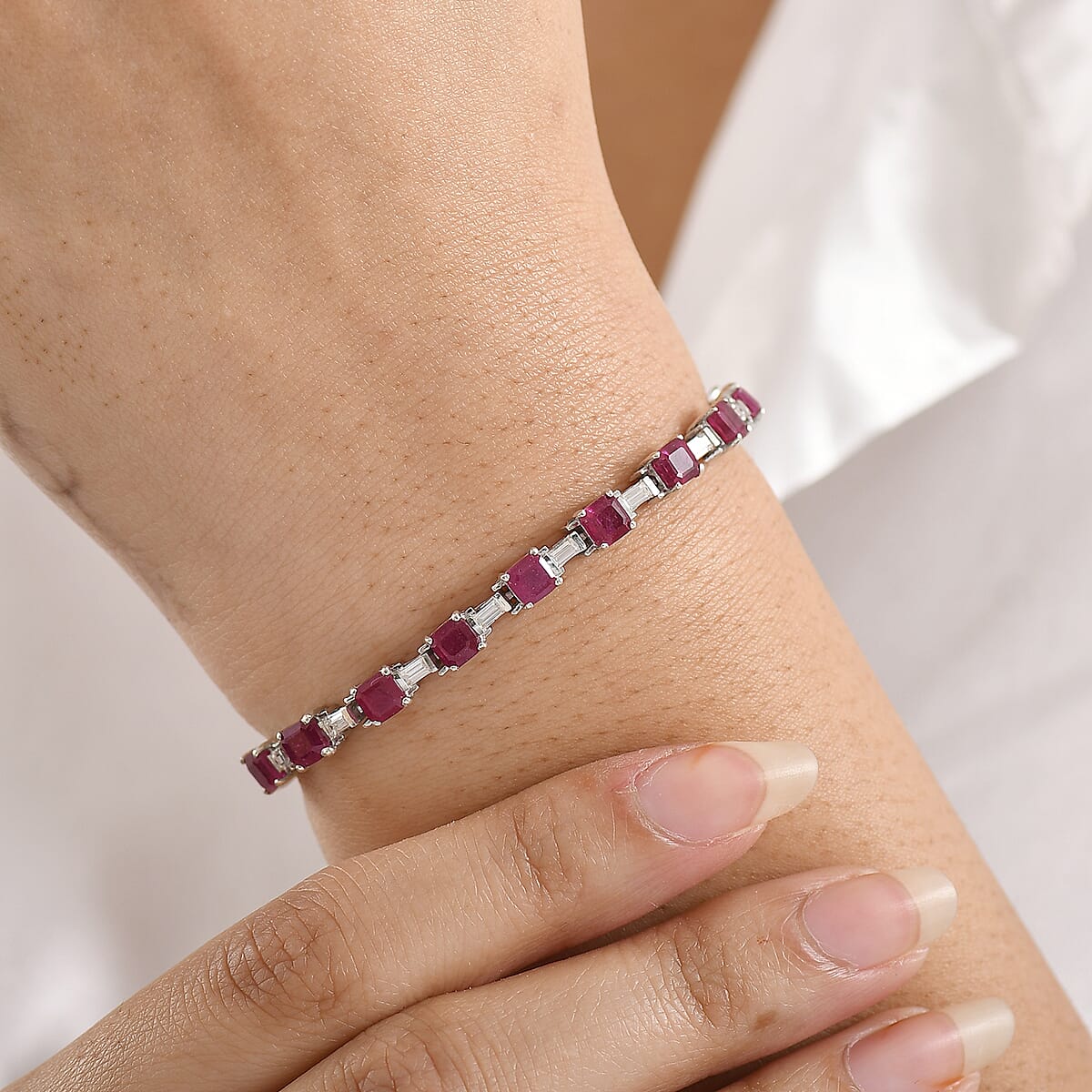 D'Joy Asscher Cut Niassa Ruby (FF) and Moissanite 13.85 ctw Linear Architecture Bracelet in Rhodium Over Sterling Silver (8.00 In) image number 2