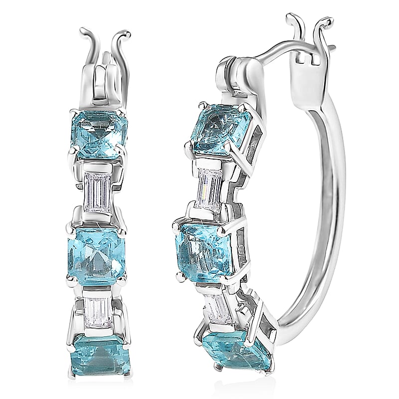 D'Joy Asscher Cut Apatite and Moissanite 2.10 ctw Linear Architecture Earrings in Rhodium Over Sterling Silver