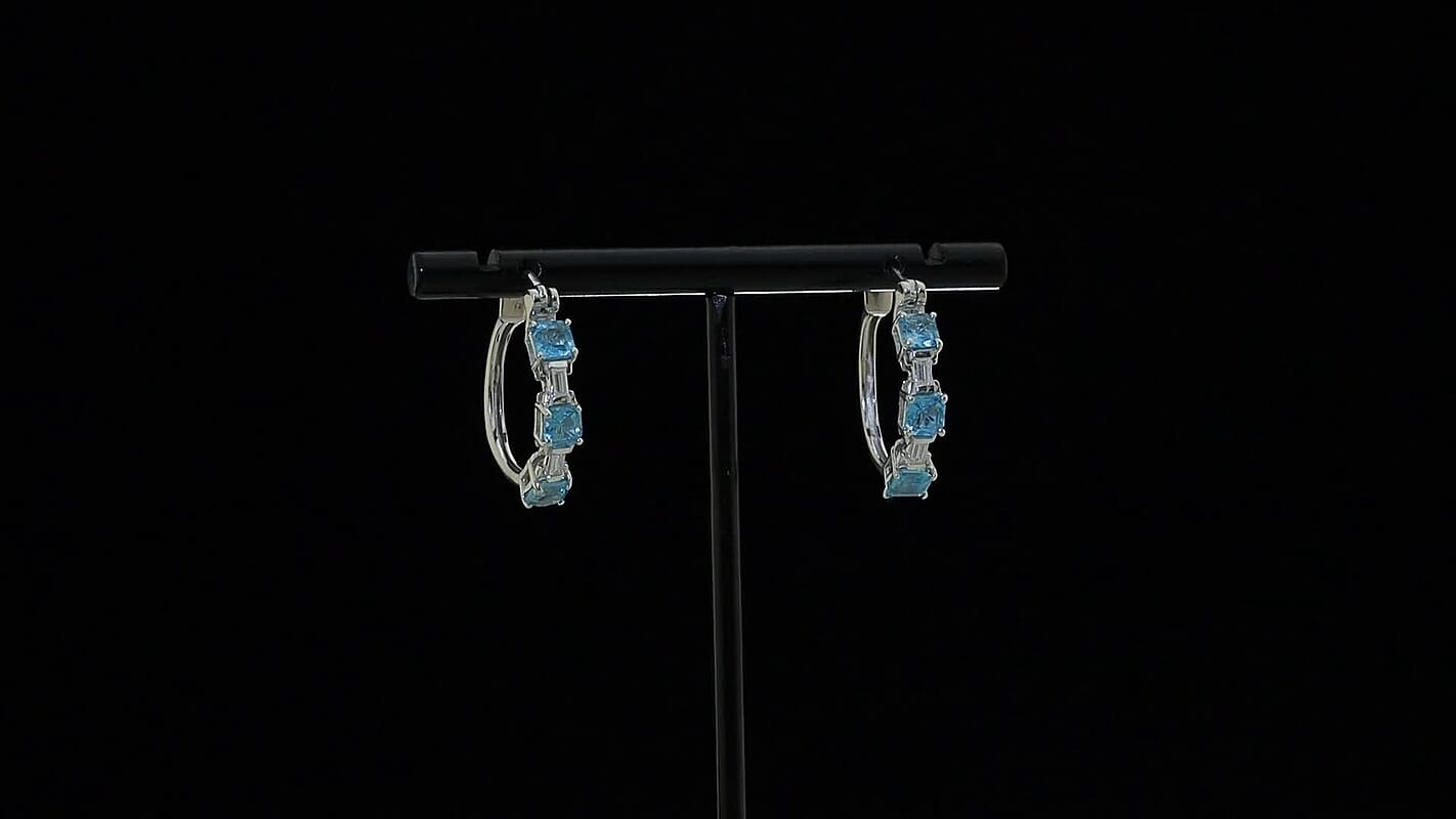 D'Joy Asscher Cut Apatite, Moissanite Hoop Earrings in Rhodium Over Sterling Silver 2.30 ctw