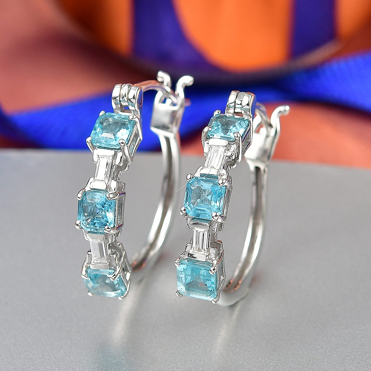 D'Joy Asscher Cut Apatite and Moissanite 2.10 ctw Hoop Earrings in Rhodium Over Sterling Silver image number 1
