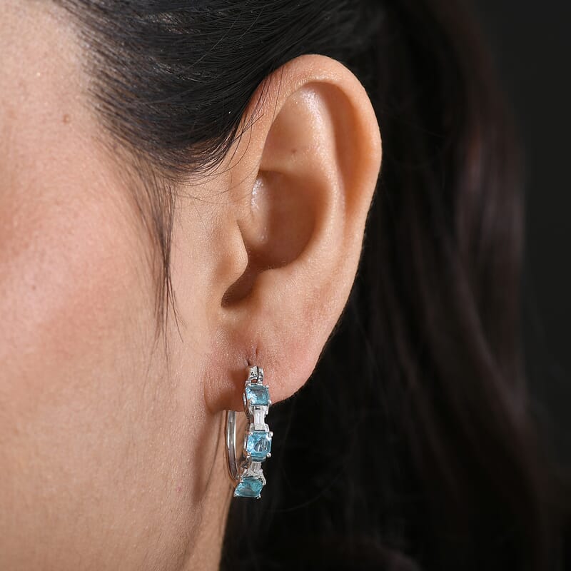 D'Joy Asscher Cut Apatite and Moissanite 2.10 ctw Linear Architecture Earrings in Rhodium Over Sterling Silver