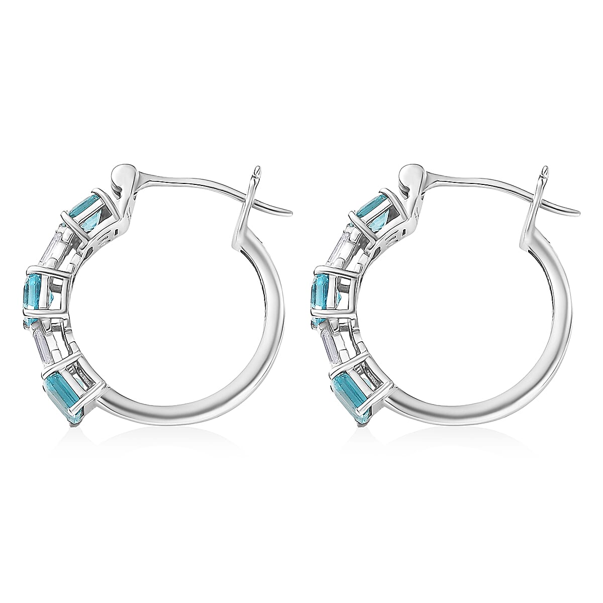 D'Joy Asscher Cut Apatite and Moissanite 2.10 ctw Hoop Earrings in Rhodium Over Sterling Silver image number 4