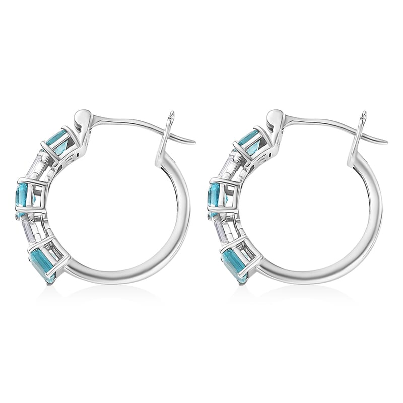 D'Joy Asscher Cut Apatite and Moissanite 2.10 ctw Linear Architecture Earrings in Rhodium Over Sterling Silver