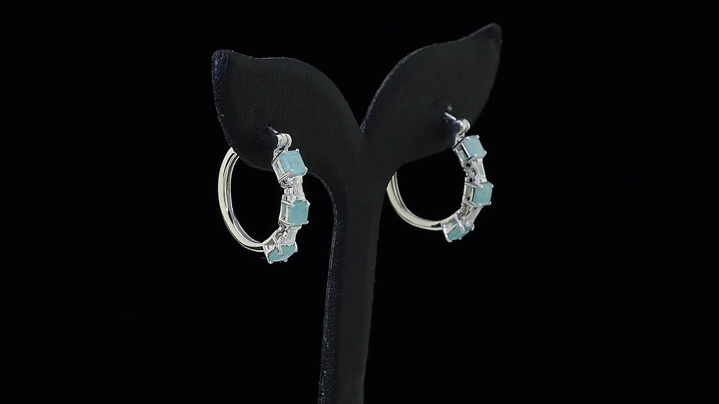 D'Joy Asscher Cut Apatite, Moissanite Hoop Earrings in Rhodium Over Sterling Silver 2.30 ctw