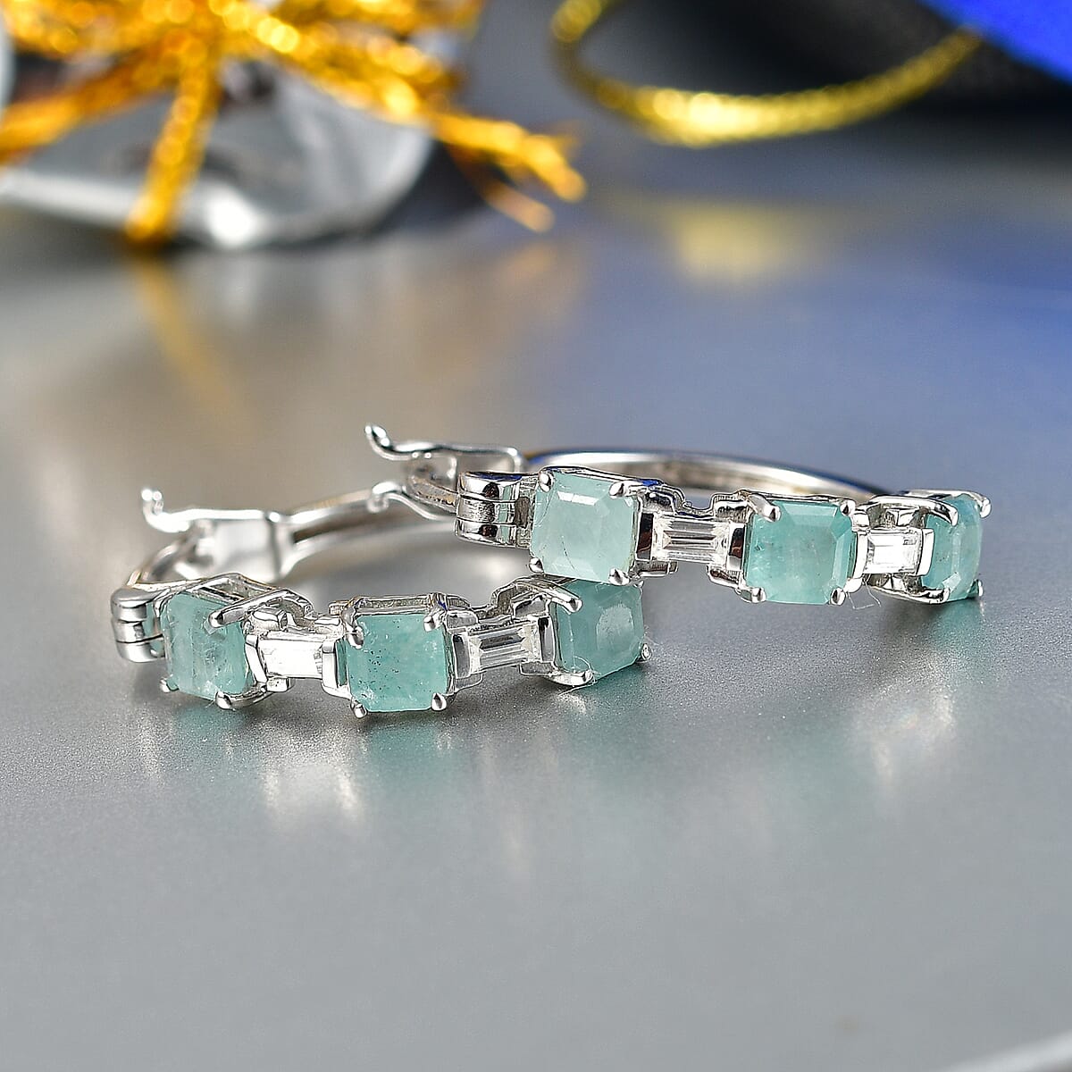 D'Joy Asscher Cut Grandidierite and Moissanite 2.35 ctw Linear Architecture Earrings in Rhodium Over Sterling Silver image number 1