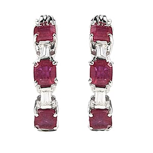 D'Joy Asscher Cut Niassa Ruby (FF) and Moissanite 3.15 ctw Linear Architecture Earrings in Rhodium Over Sterling Silver