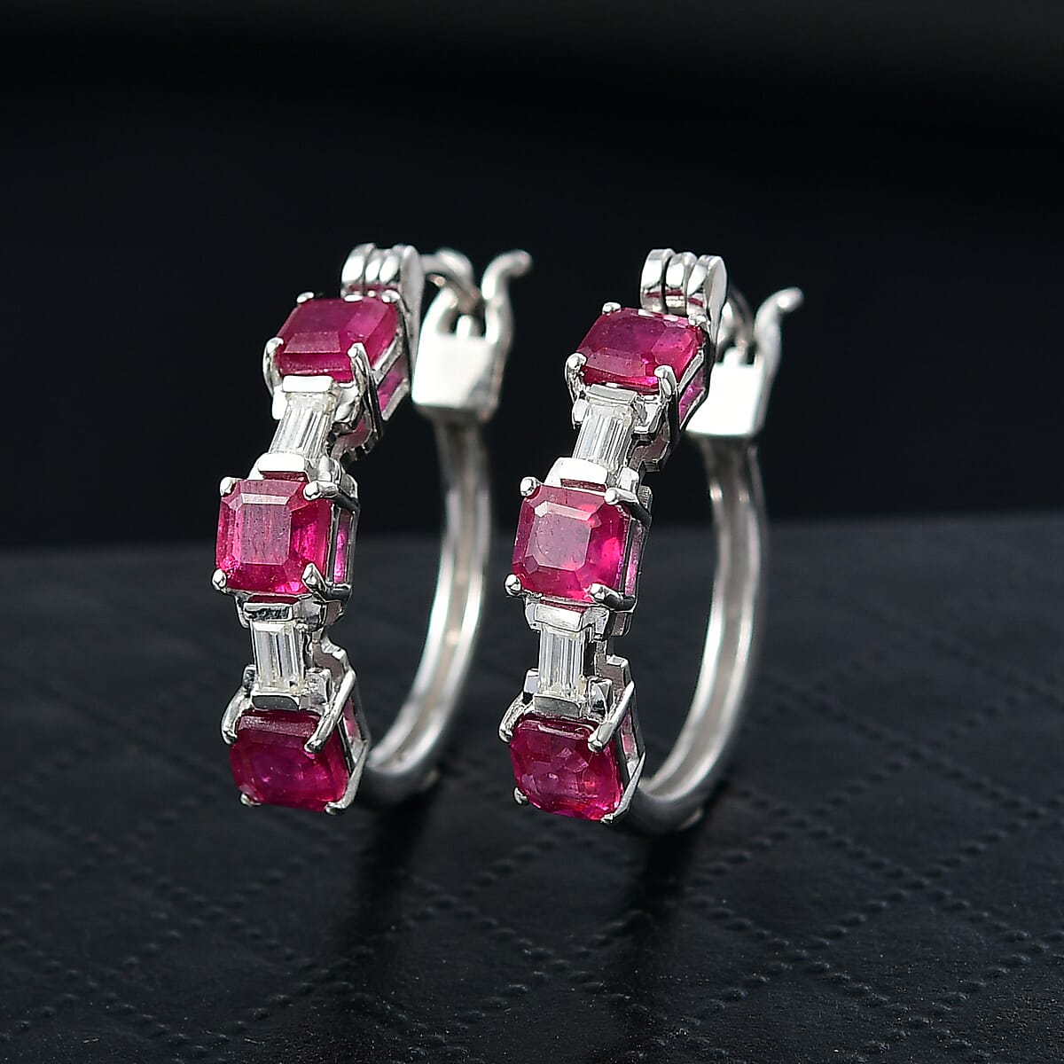D'Joy Asscher Cut Niassa Ruby (FF) and Moissanite 3.15 ctw Linear Architecture Earrings in Rhodium Over Sterling Silver image number 1